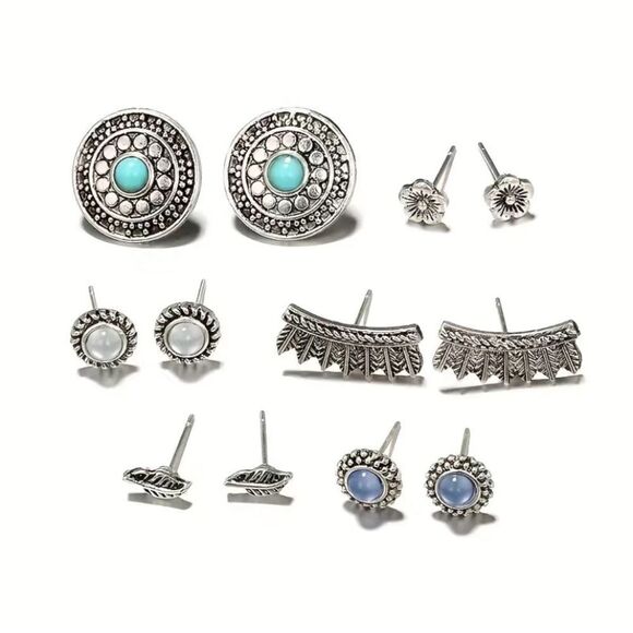 🔅🆕🔅 BoHo 6 Pairs Flower Leaf Design With Turquoise Decor Stud Earrings✨ - Picture 3 of 6